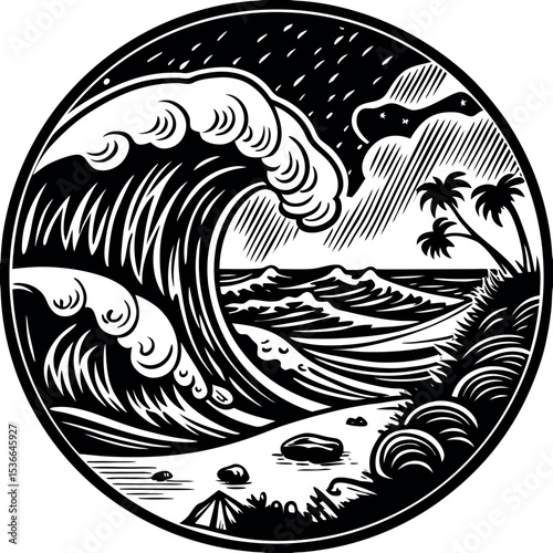Vintage Sketch of Stormy Ocean Waves