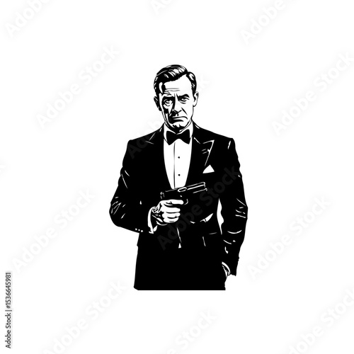 A stylish and confident man in a suit holding a gun silhouette illustration