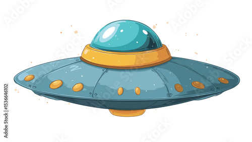 A cartoon illustration of a flying saucer-shaped UFO.  The spaceship is predominantly gray-blue with a teal dome-like top and yellow accents around the edges. 