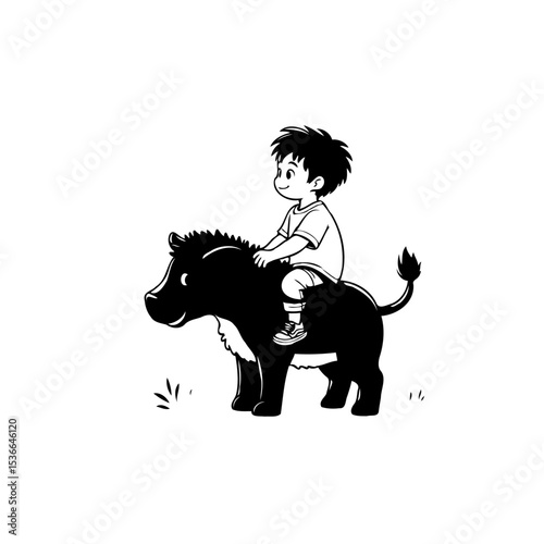 A young boy riding on a cartoon wild boar, illustration in black and white