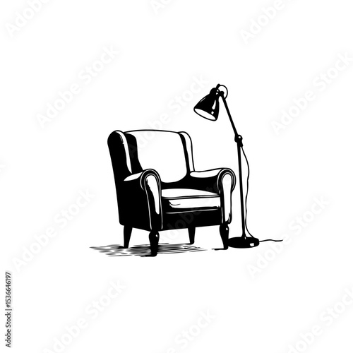 Elegant simplicity: A monochromatic illustration of an armchair and floor lamp