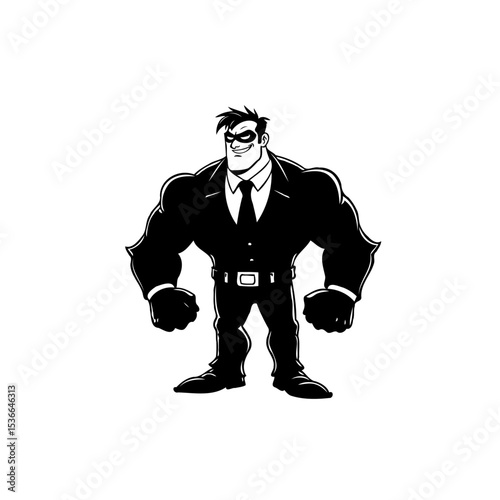 Muscular cartoon businessman in suit, embodying strength and leadership potential