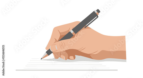 Hand Writing with Pen on Paper, Flat Vector Illustration
