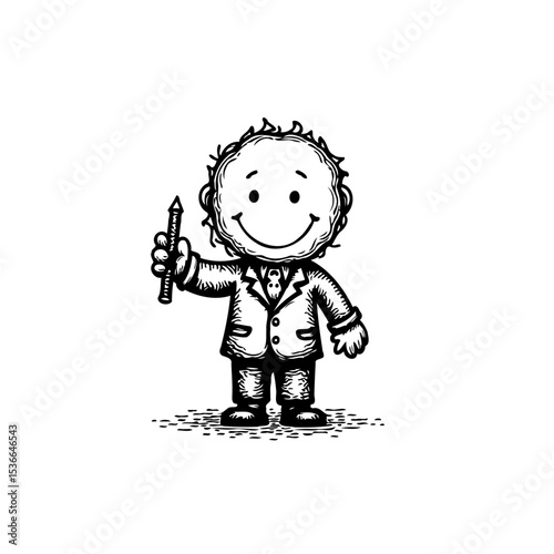 Cheerful hand-drawn illustration of a smiling character holding a pencil sketch