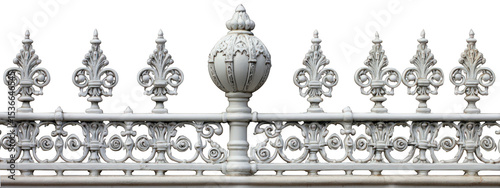 White decorative metal fence with intricate floral and scrollwork design, featuring central ornamental finial, isolated on transparency background with elegant craftsmanship