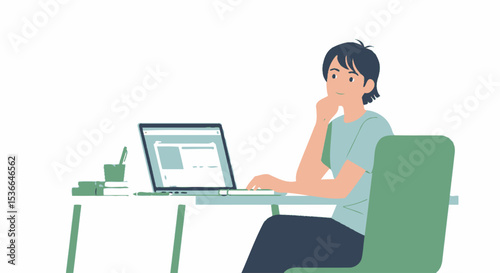 Thoughtful Freelancer: Man Working at Desk with Laptop