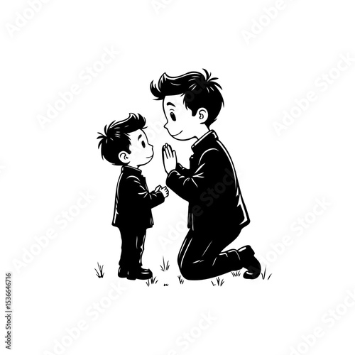 Illustration of an older brother interacting with his younger brother cartoon style