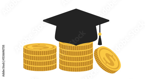Graduation Cap on Gold Coins: Education Cost, Investment, and Student Loan Debt Concept