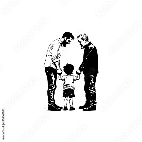Two fathers lovingly supporting their child's first steps, fostering a loving and inclusive environment