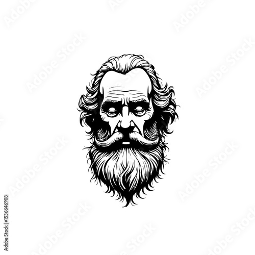 Detailed black and white drawing of a stern bearded man with expressive eyes
