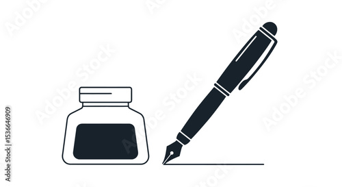 Fountain pen and inkwell icon. Classic writing instrument with ink bottle and drawn line. Vector illustration.