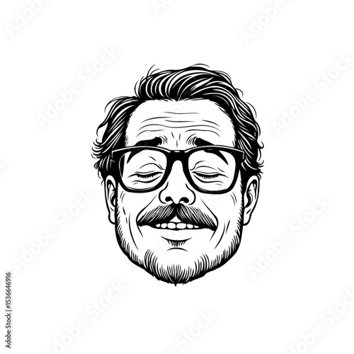 Expressive Man with Glasses: A Detailed Black and White Portrait Illustration