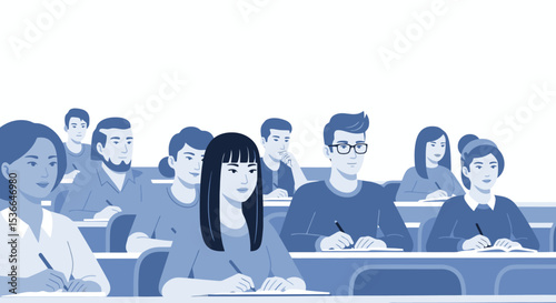 Flat Illustration of Diverse Students in a Classroom, Engaged in Learning and Note-Taking