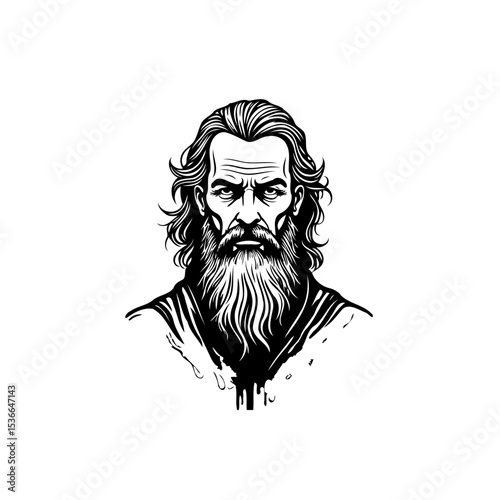 Detailed Line Art Portrait of a Stern Man with a Long Flowing Beard and Hair