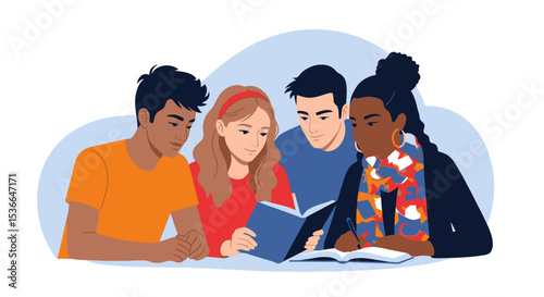 Diverse Young People Studying Together: Collaborative Learning & Education Illustration