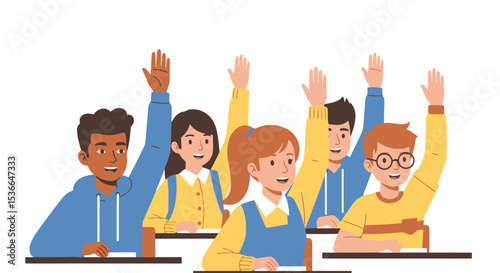 Diverse Students Raising Hands in Classroom for Active Learning & Participation