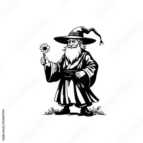 Charming black and white illustration of a wizard holding a flower symbol of kindness