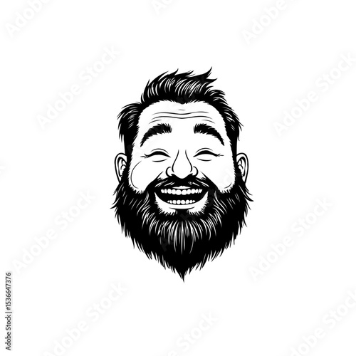 Detailed black and white drawing of a joyful, bearded man's expressive face