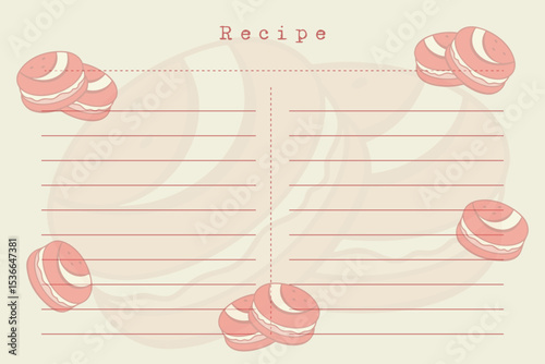 Horizontal blank recipe card template with macaroons cookies. Vintage old paper style, scrapbooking.