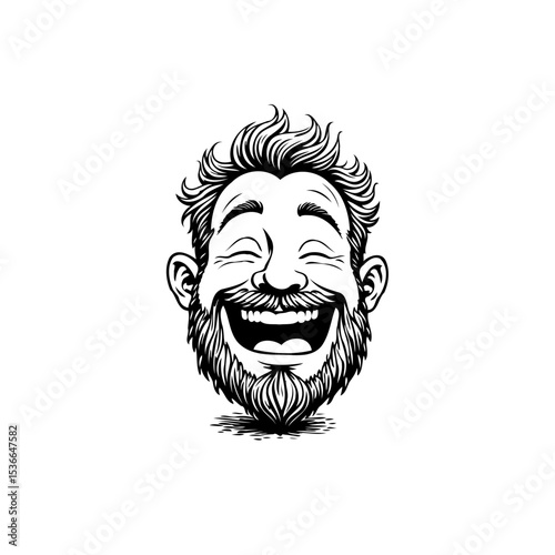 Cartoon portrait of a joyful bearded man laughing heartily with closed eyes