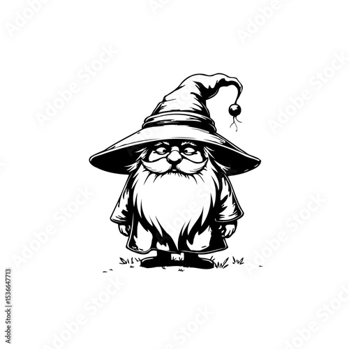 Charming Hand-Drawn Wizard Illustration: A whimsical depiction of a cute wizard in a hat