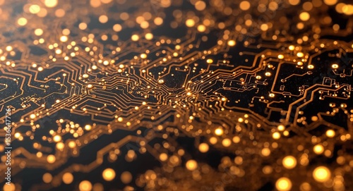 Close up view of a circuit board with golden traces and glowing points of light on a dark background