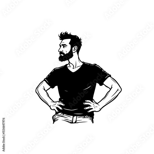 Stylized illustration of a man with a beard posing confidently with hands on hips