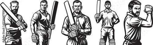 Cricket batsmen and bowlers in motion action silhouettes for sports design