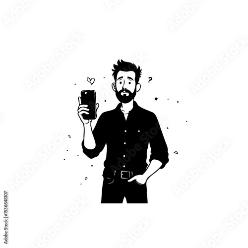 Charming bearded man capturing moments with his smartphone in expressive sketch