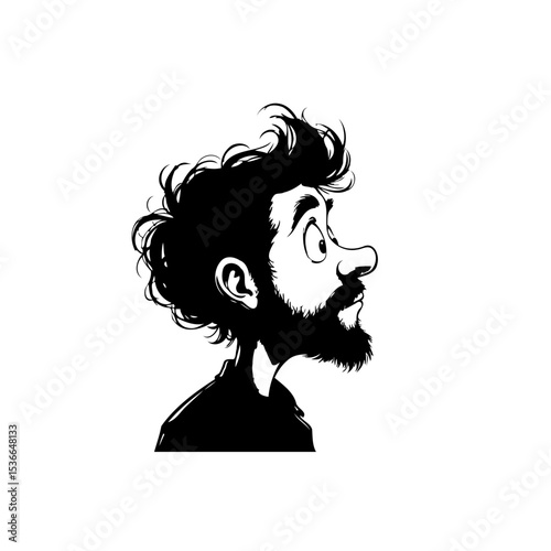 Cartoon illustration of a man with beard looking up in black and white style