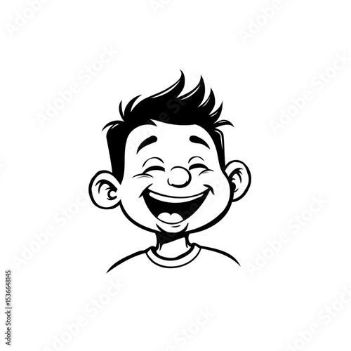 Cheerful Kid Portrait: Black and White Smiling Boy with Spiky Hair Illustration