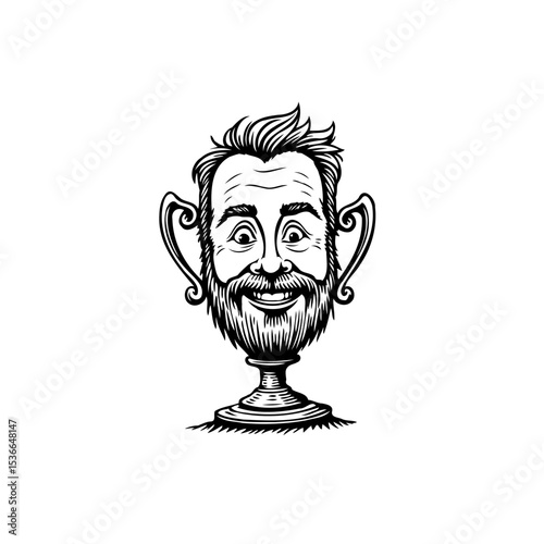Whimsical trophy character illustration with a jovial bearded face design