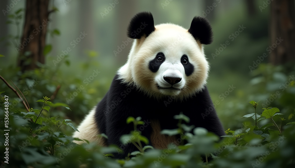 Obraz premium Giant Panda in Lush Green Forest – Wildlife and Conservation Concept