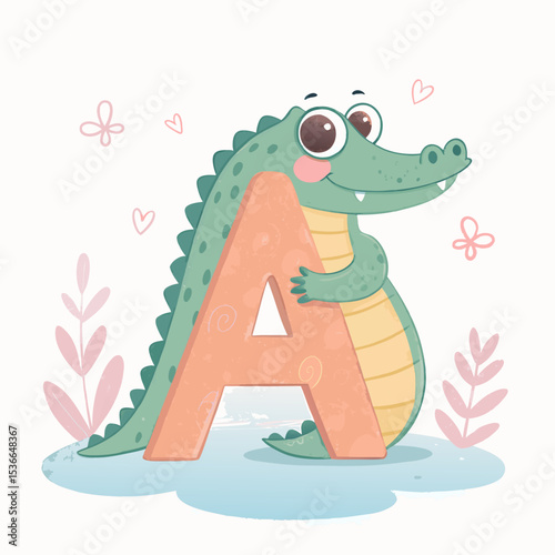 Cute Alligator Alphabet Letter A: Cartoon Animal Character, Kids Education