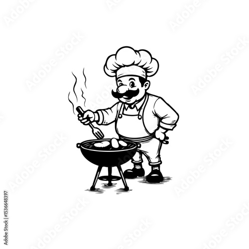 Cartoon chef preparing barbecue, black and white illustration food themed design