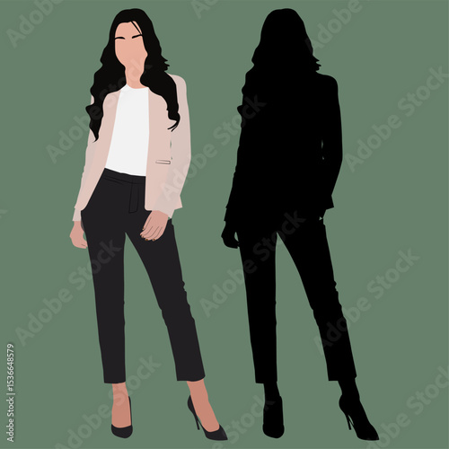 Professional Woman in Suit with Elegant Silhouette Standing Confidently on Green Backdrop in Vector Style