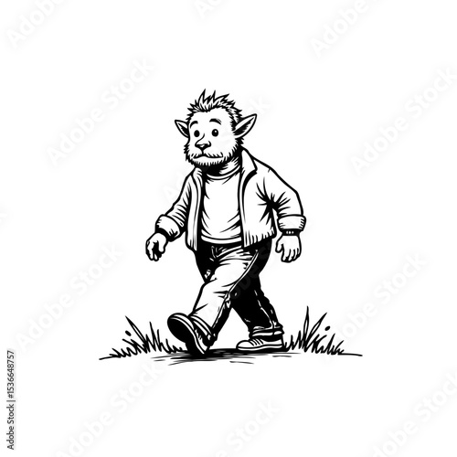 Whimsical illustration of a cartoonish troll character walking in black and white