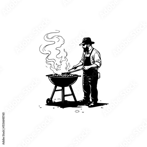 Monochrome Illustration of Man Grilling Food on Barbecue with Smoke and Hat