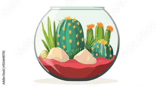 A digital illustration depicts a round glass terrarium containing various cacti and succulents. The cacti are predominantly green with yellow or orange blossoms. 