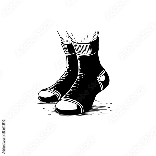 Monochrome sock illustration showcasing intricate hatching and shading techniques