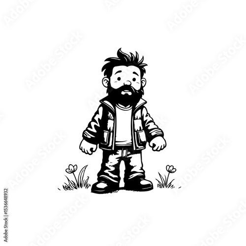 Cartoon bearded man in jacket standing near flowers black and white illustration