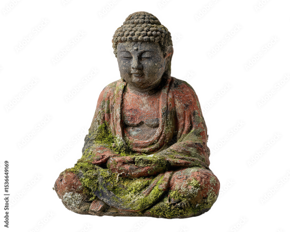 Obraz premium Ancient Buddha statue covered with moss and weathered texture, sitting in meditation pose with serene expression, isolated on transparency background