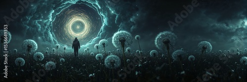 A person walking through a dandelion field under a swirling sky with a bright light in the center