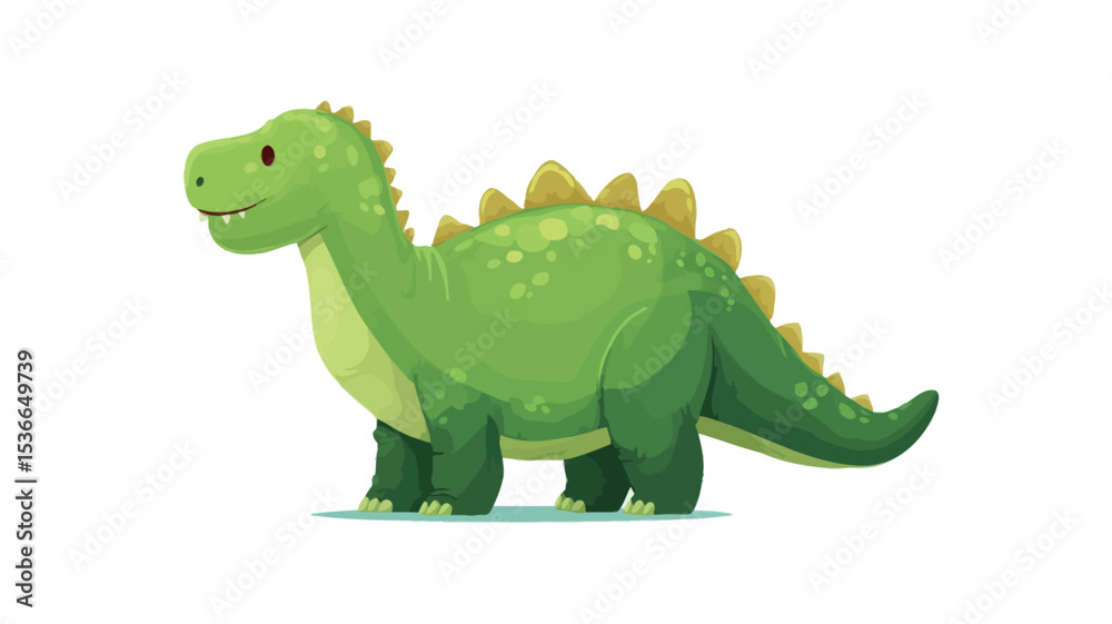 Obraz premium A digital illustration depicting a cartoon dinosaur. The dinosaur is green with a light green underbelly. It has a long neck, a short tail, and small, stubby legs. The dinosaur is depicted in a