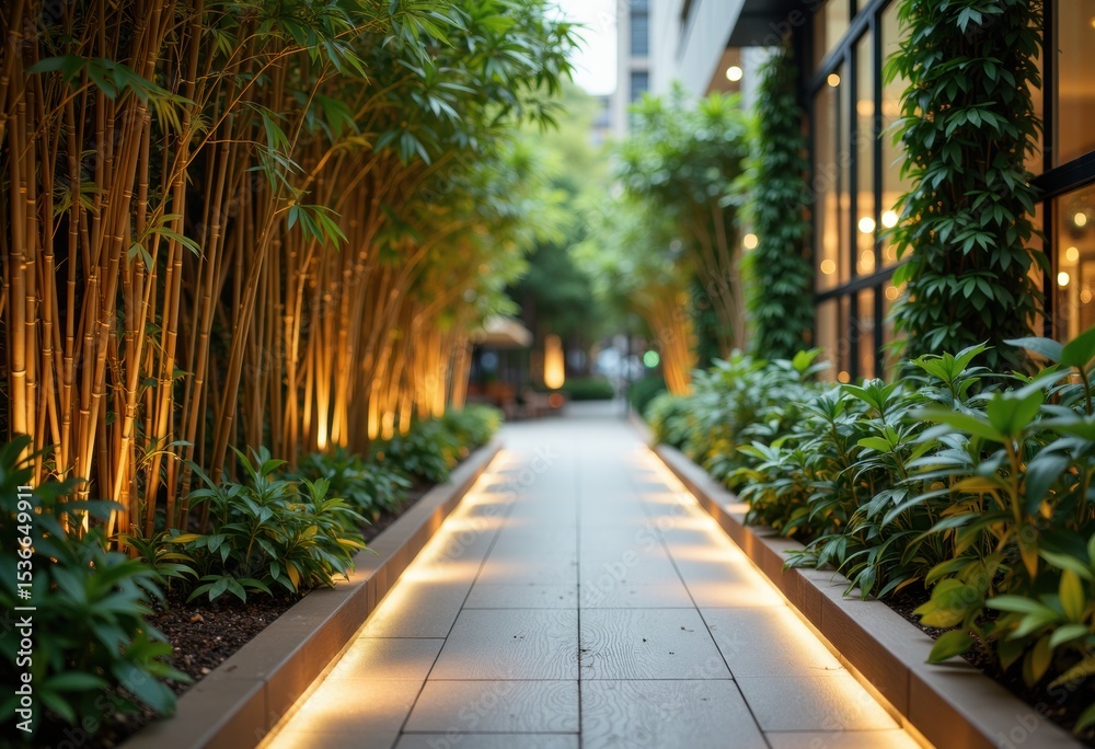 Obraz premium Modern outdoor walkway illuminated by subtle lighting, surrounded by lush greenery and tall bamboo plants