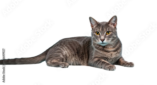 A grey tabby cat lying down with its tail extended on a black background looking at the camera