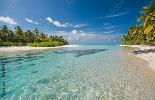 Serene Tropical Beach Paradise with Sparkling Clear Water and Palm Trees