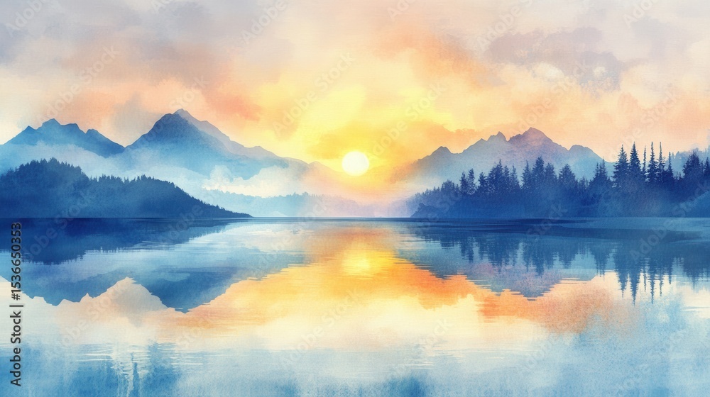 Fototapeta premium Majestic mountain lake at sunset with serene reflections