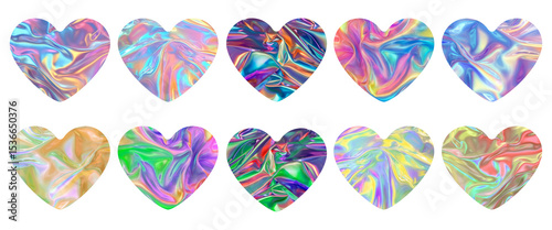 hearts made of holographic rainbow foil, iridescent texture, abstract holographic paper background