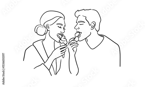 Woman and man eating ice cream, continious line drawing. Summer holidays outline. Vector illustration